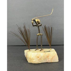 Vtg John DeMott Sculpture Brass Onyx Base Man Fishing‎ Industrial Art Steampunk